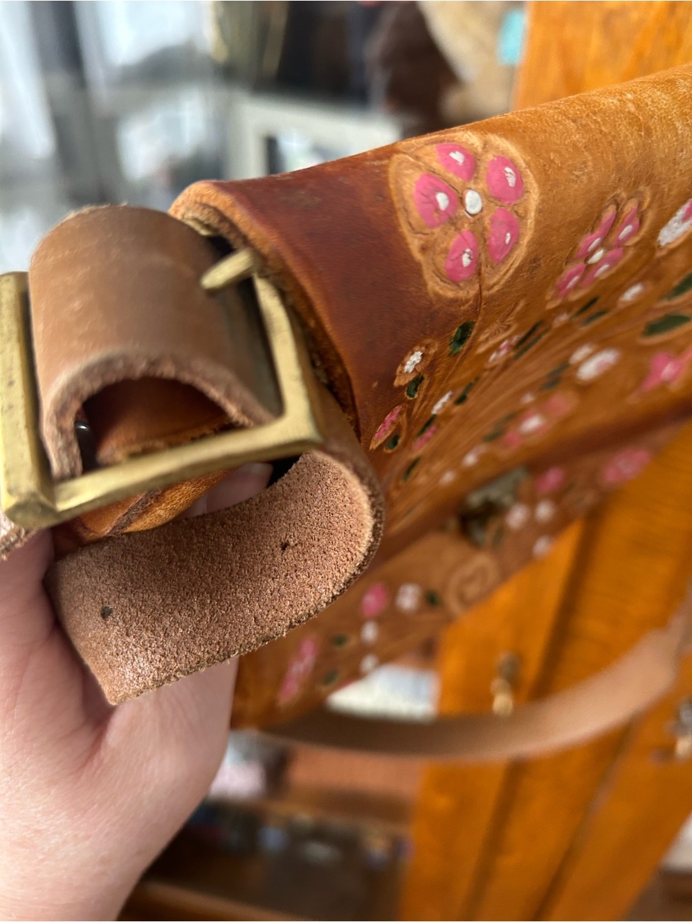 Vintage Hand-Tooled Floral Leather Shoulder Bag - Brown with PaintedPink Accents - Picture 9 of 12